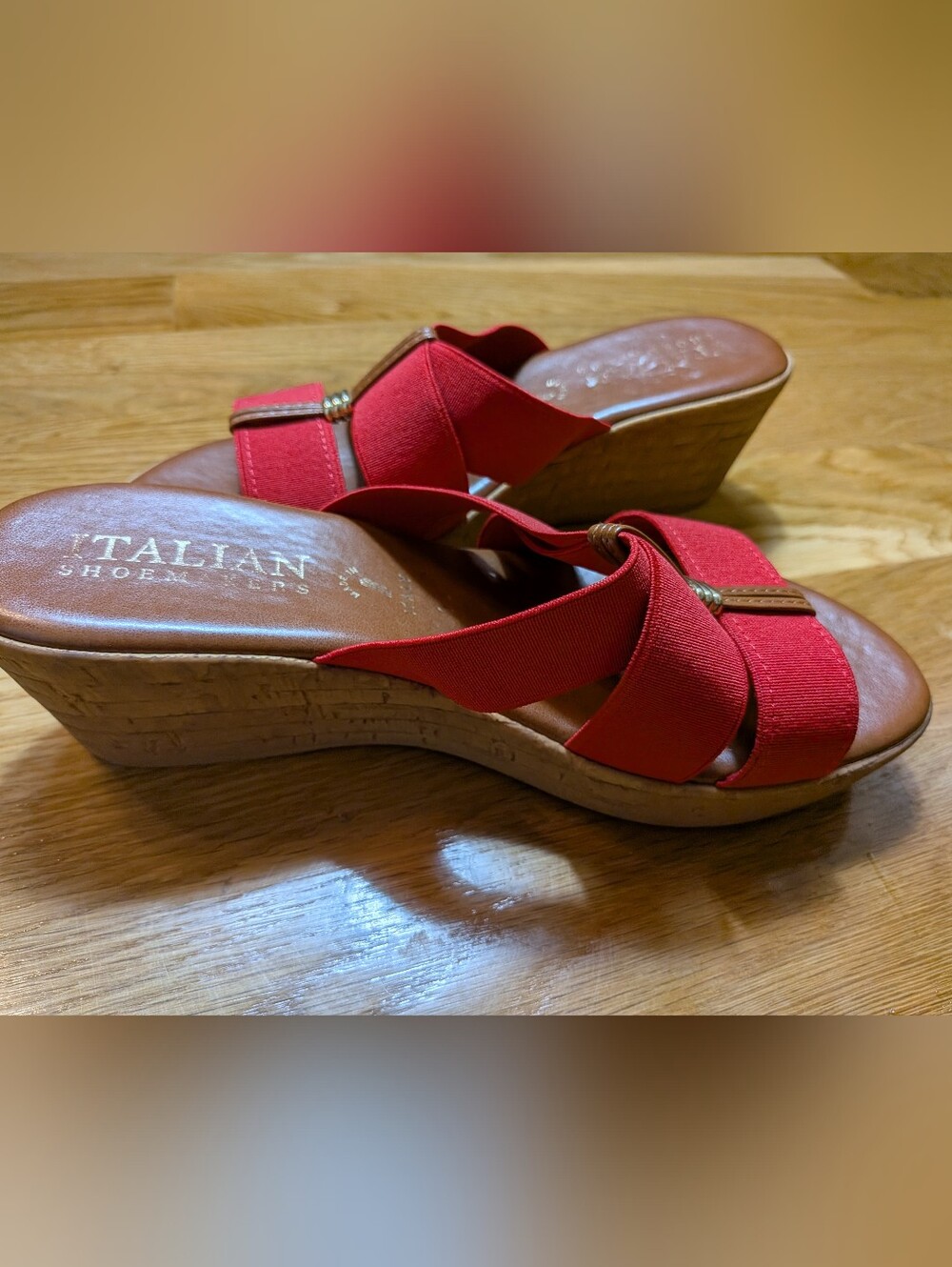 NWOT Italian Shoe Makers Red Elastic Crossover Wedge Sandals